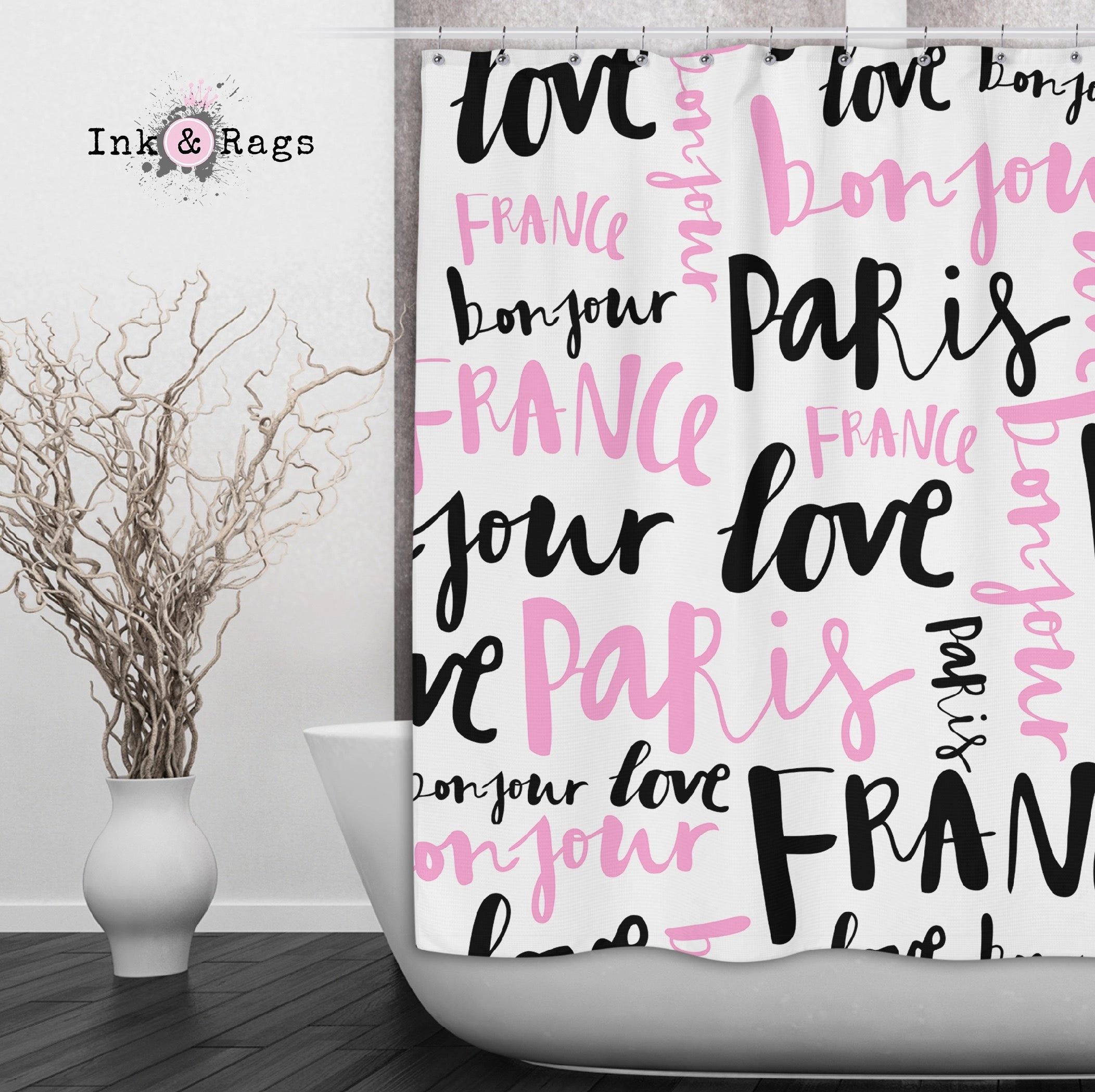 Love Paris Pink Black Type Set Shower Curtains and Optional Bath Mats Lighting,Lamps Fixtures