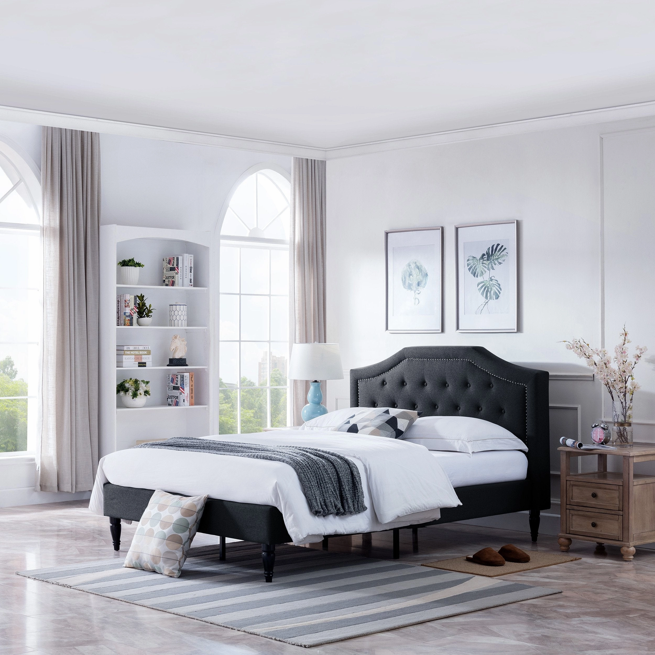 Low Profile Fully Upholstered Fabric Platform Bed Frame, Queen - NH086703 throw blanket, decorative pillow