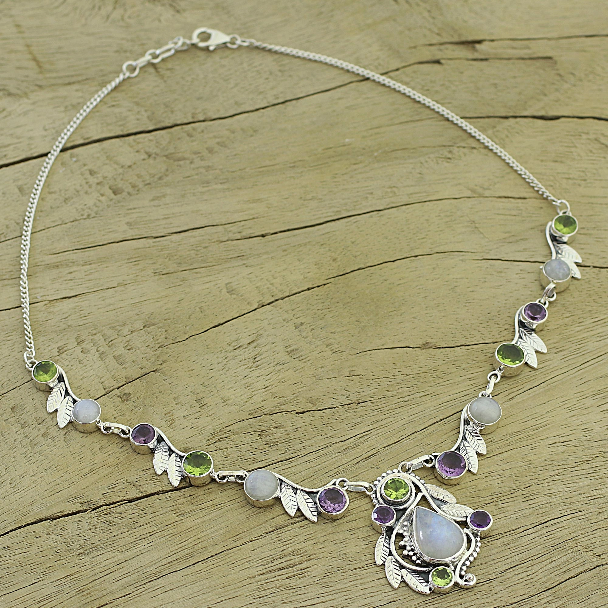Luminous Beauty Sterling Silver and Multigem Pendant Necklace from India