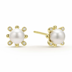 Luna 18K Gold Fleur Pearl Diamond Stud Earrings
