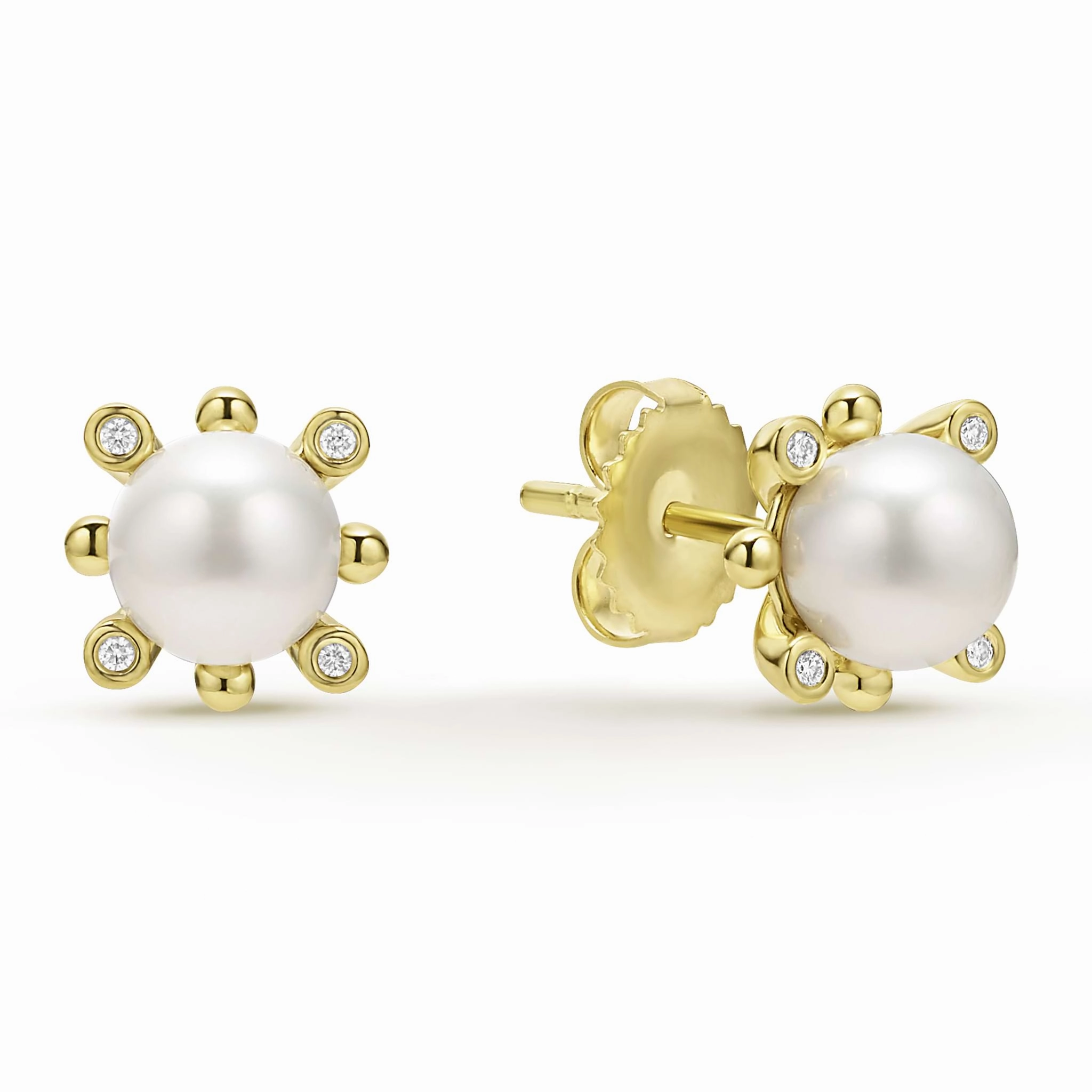 Luna 18K Gold Fleur Pearl Diamond Stud Earrings