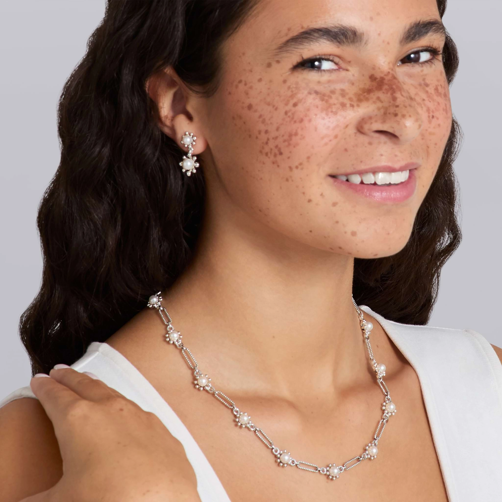 Luna Fleur Pearl Drop Earrings and Link Necklace Gift Set