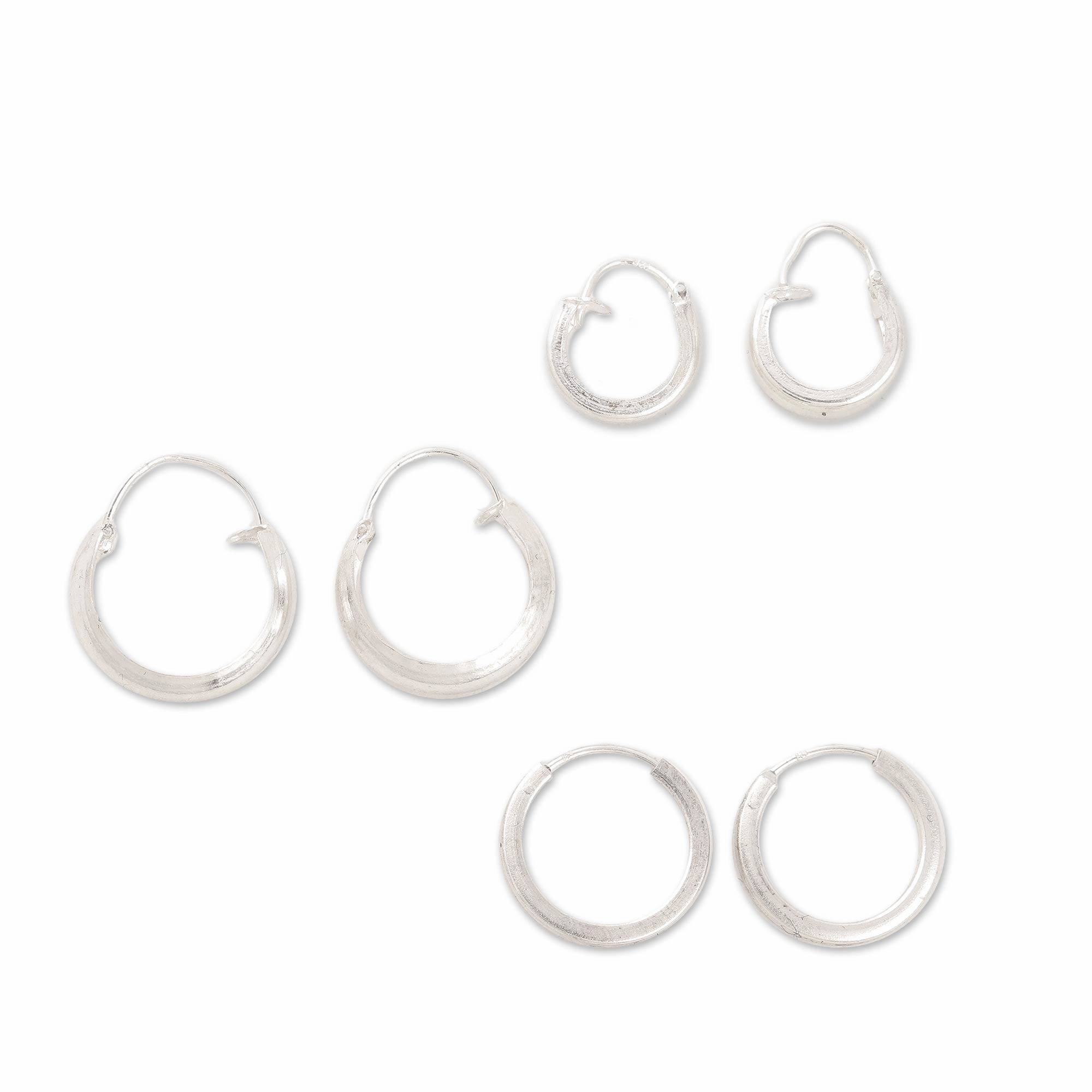 Lustrous Loops Artisan Crafted Sterling Silver Hoop Earrings (Set of 3)