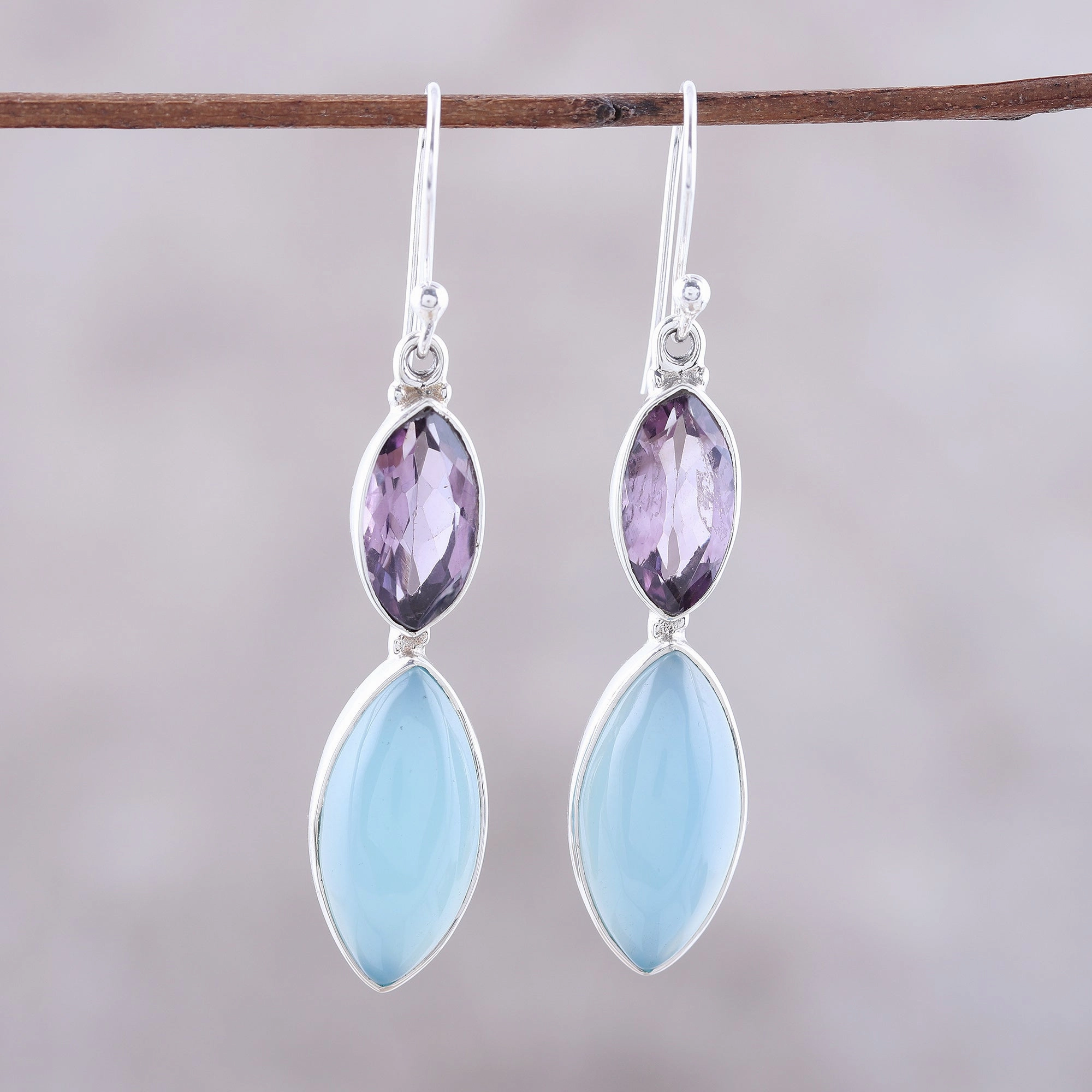 Luxurious Glow Sterling Silver Blue Chalcedony Amethyst Dangle Earrings