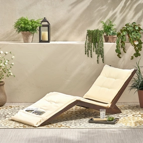 Mahogany Wood Folding Chaise Lounger Chair w/ Cream Cushion - NH473592 patio chairs, outdoor seating