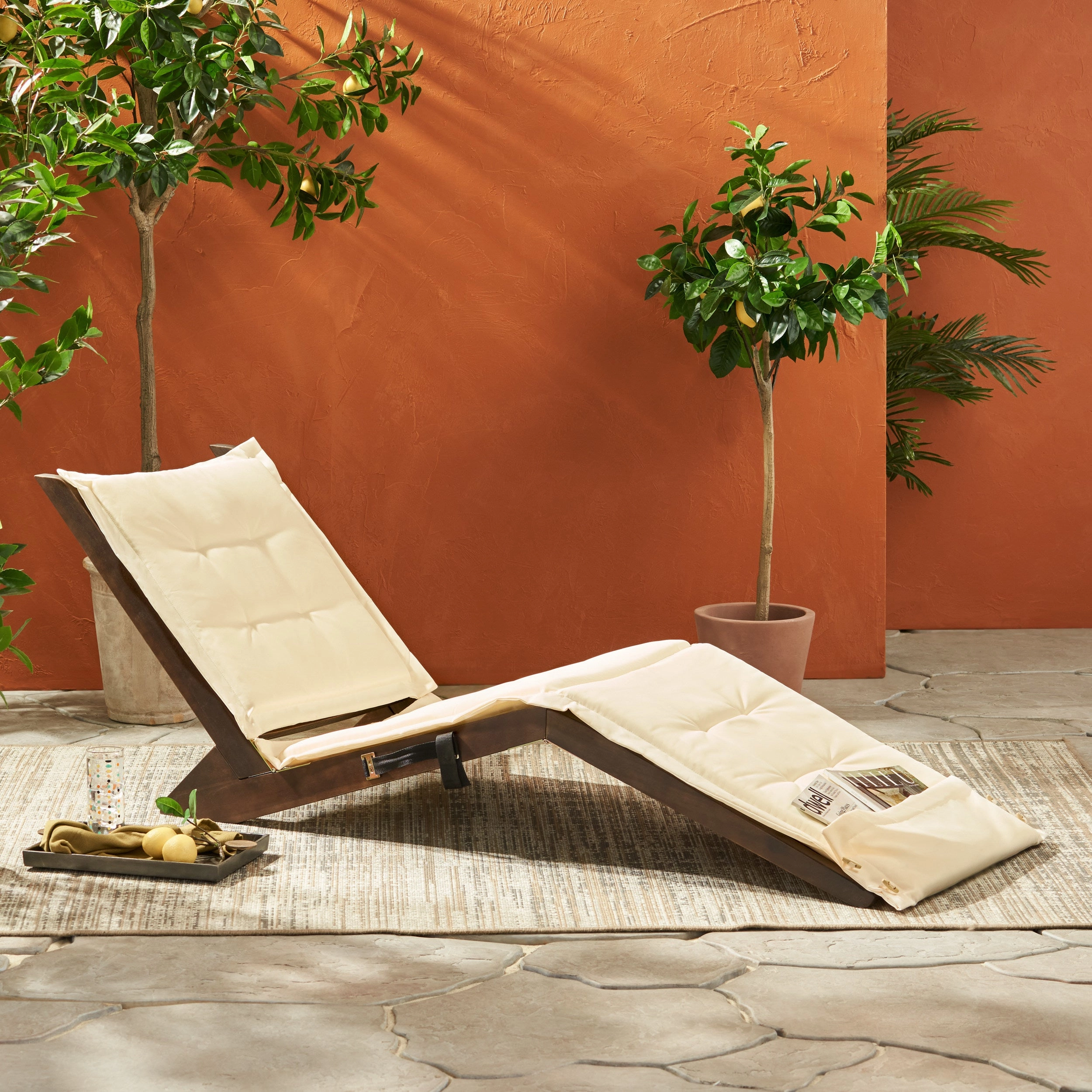 Mahogany Wood Folding Chaise Lounger Chair w/ Cream Cushion - NH473592