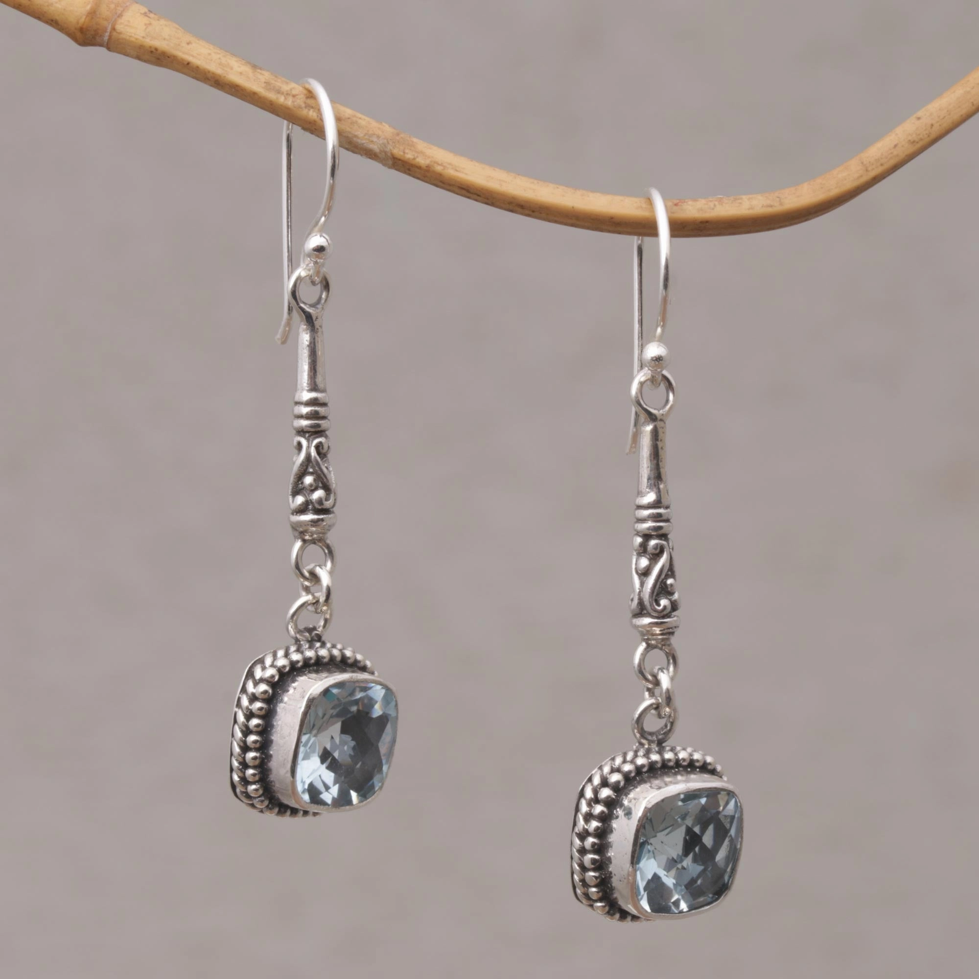 Majestic Gleam Faceted Blue Topaz and 925 Silver Dangle Earrings from Bali