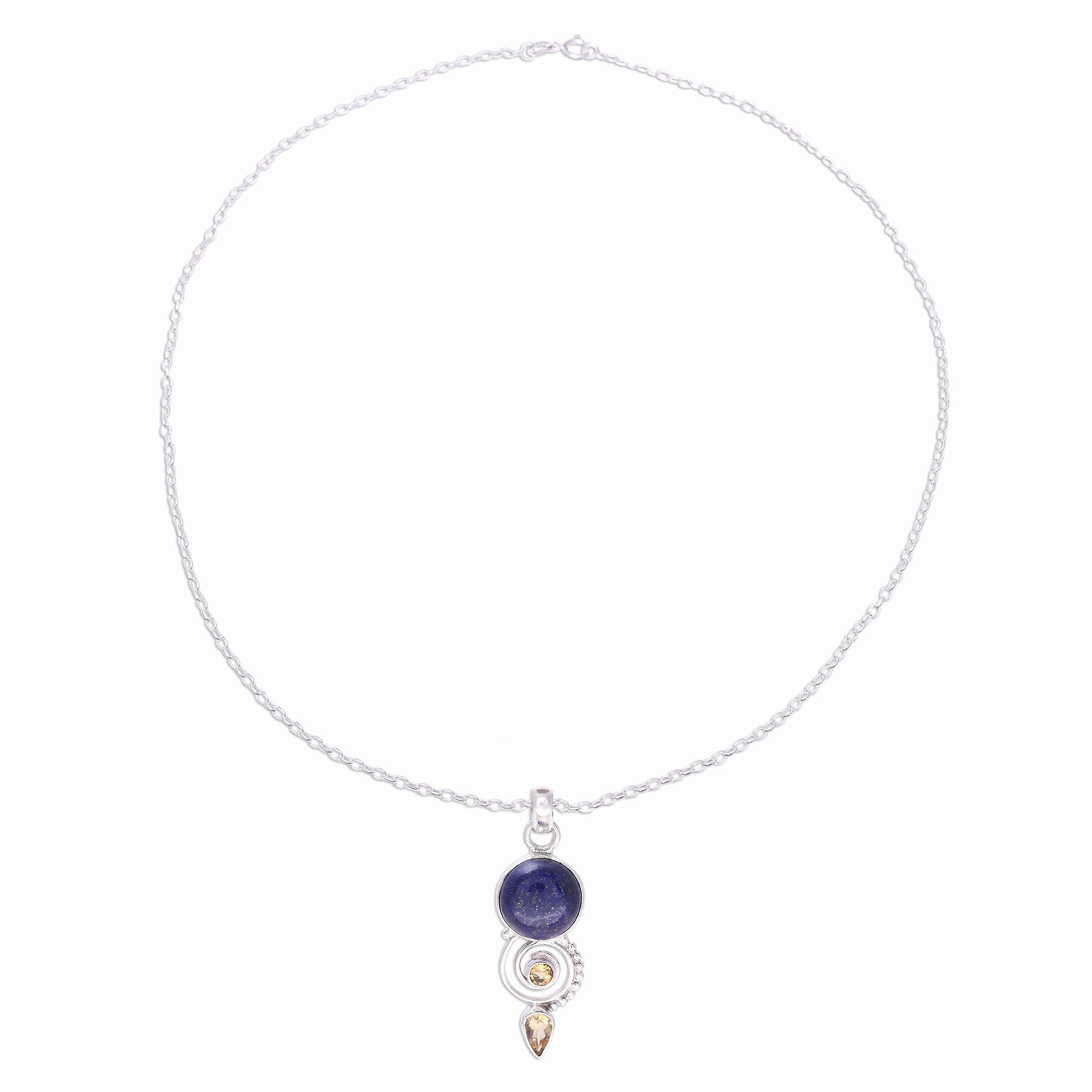Majestic Spiral Citrine and Lapis Lazuli Spiral Necklace from India