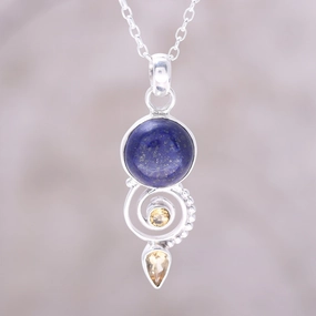 Majestic Spiral Citrine and Lapis Lazuli Spiral Necklace from India