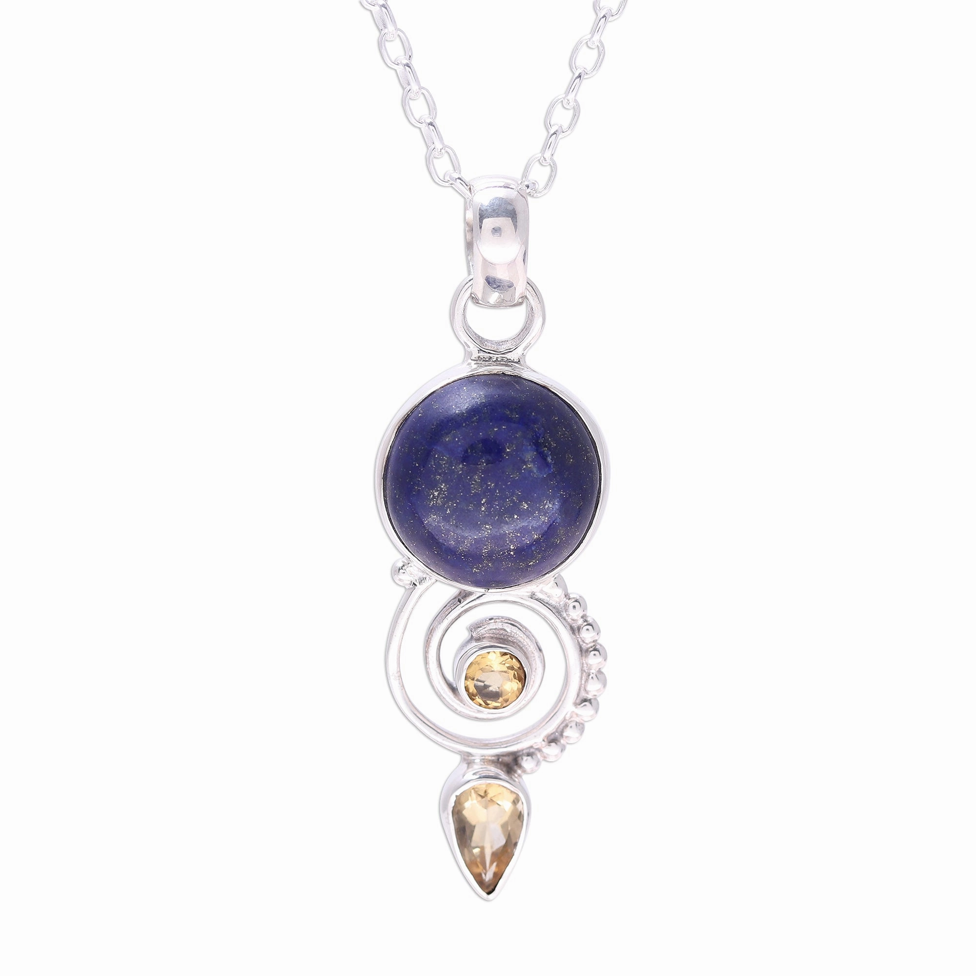 Majestic Spiral Citrine and Lapis Lazuli Spiral Necklace from India