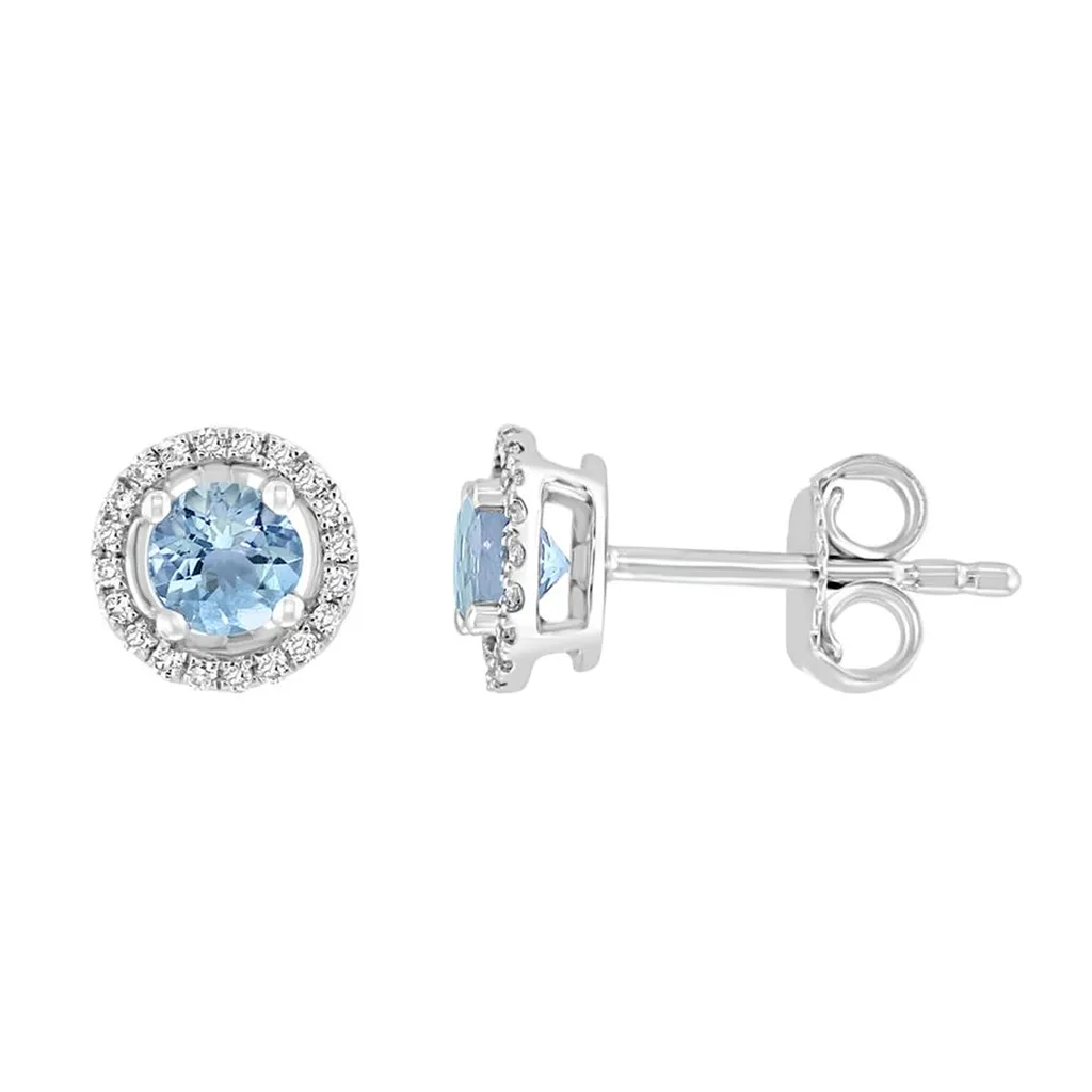 March Birthstone Earrings: 14K White Gold Diamond Halo Aquamarine Earrings