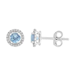 March Birthstone Earrings: 14K White Gold Diamond Halo Aquamarine Earrings