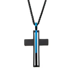 Matte Black IP With Thin Blue Line Pendant Necklace
