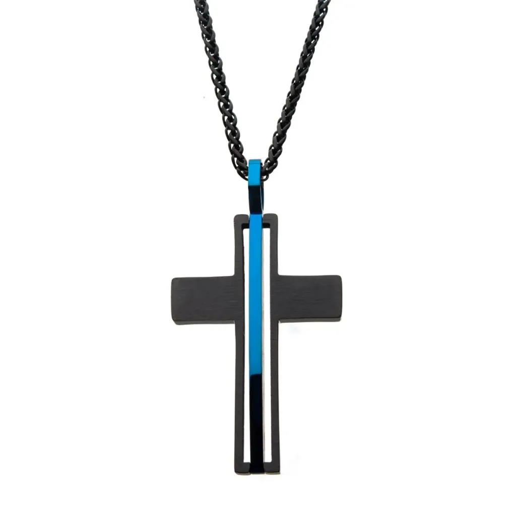 Matte Black IP With Thin Blue Line Pendant Necklace
