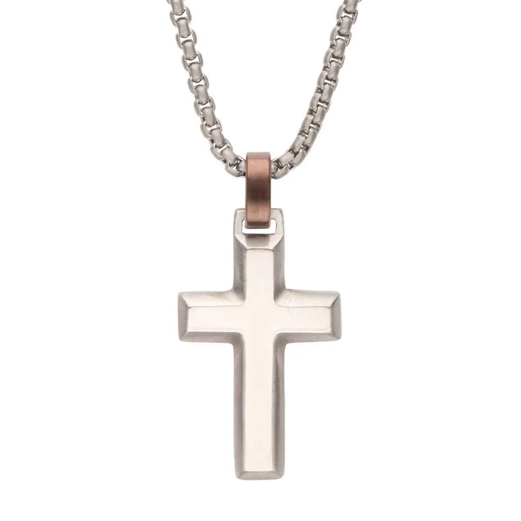 Matte Finish Steel Beveled Cross Pendant Necklace