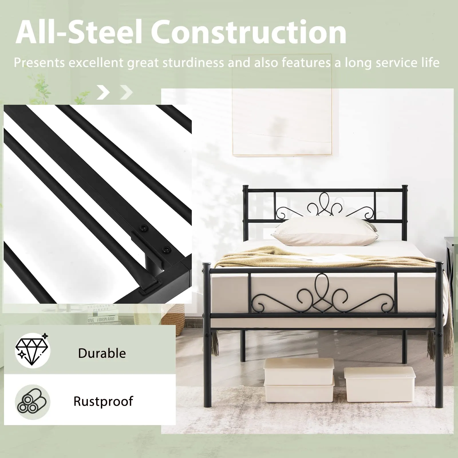 Mattress Foundation w/Heavy Duty Steel Slat Support, No Box Spring Needed