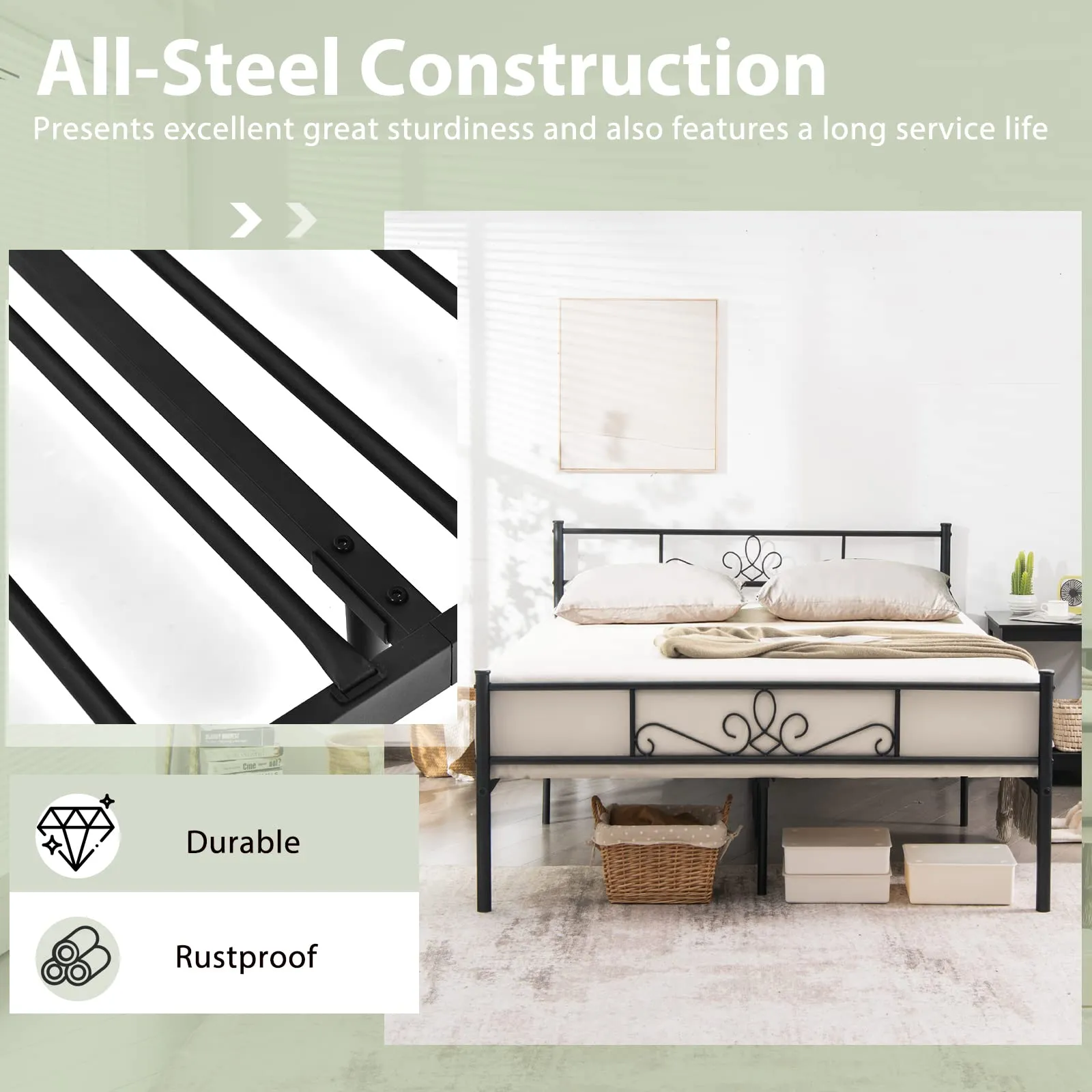 Mattress Foundation w/Heavy Duty Steel Slat Support, No Box Spring Needed