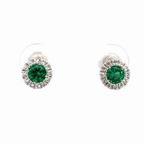 May Birthstone Earrings: Sterling Silver Lab Grown Emerald Halo Earrings