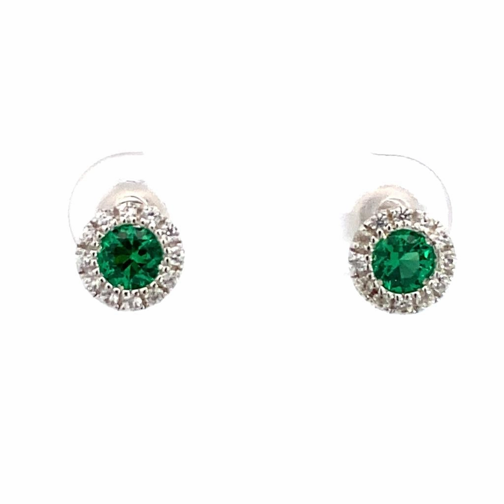 May Birthstone Earrings: Sterling Silver Lab Grown Emerald Halo Earrings