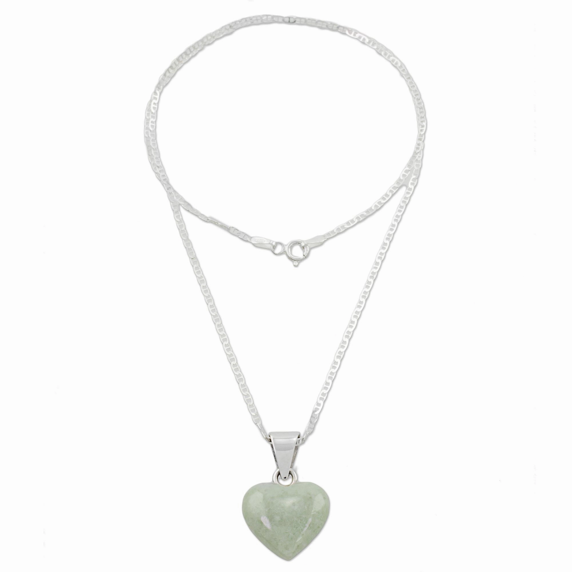 Mayan Heart Jade Sterling Silver Heart Shape Pendant Necklace Guatemala
