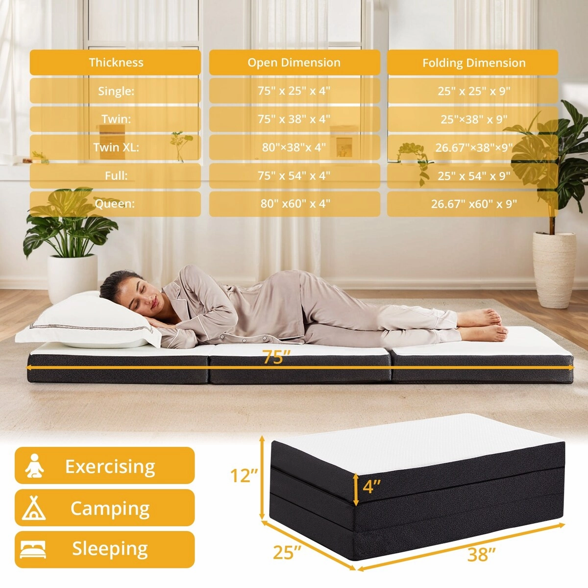 Medium 3"&4" Infused Tri-fold Memory Foam Folding Mattress Topper for Camping, Foldable Mattress Topper with Washable Cover
