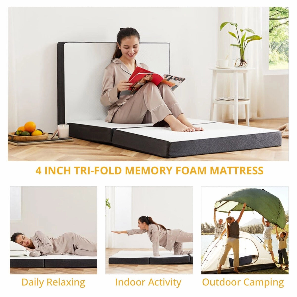 Medium 3"&4" Infused Tri-fold Memory Foam Folding Mattress Topper for Camping, Foldable Mattress Topper with Washable Cover