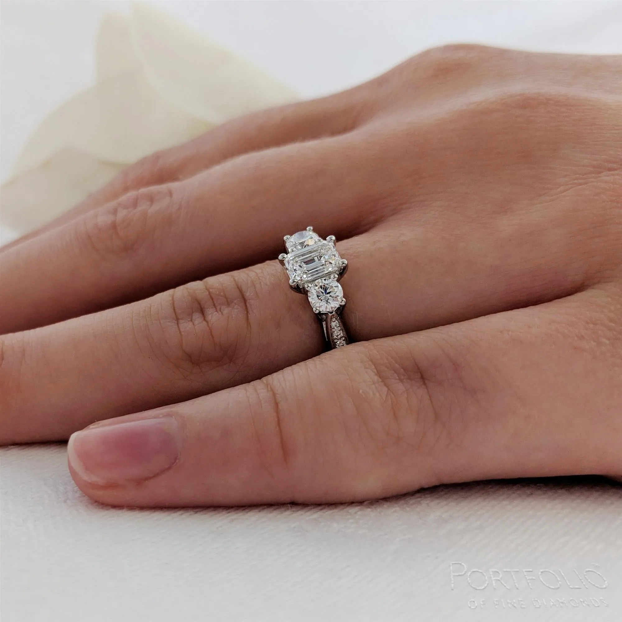 Memoire Emerald Three Stone 0.40ct D VS1 Diamond Platinum Ring