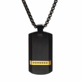 Men's Black IP Steel Genuine Black Sapphire Gem Dog Tag Pendant Necklace