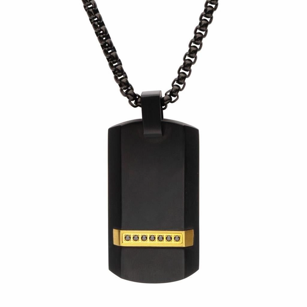 Men's Black IP Steel Genuine Black Sapphire Gem Dog Tag Pendant Necklace