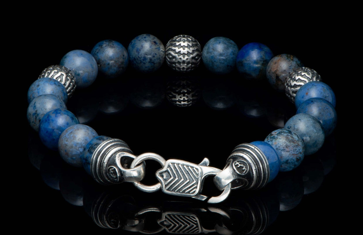 Mens Beaded Sterling Silver And Dumortierite Bracelet