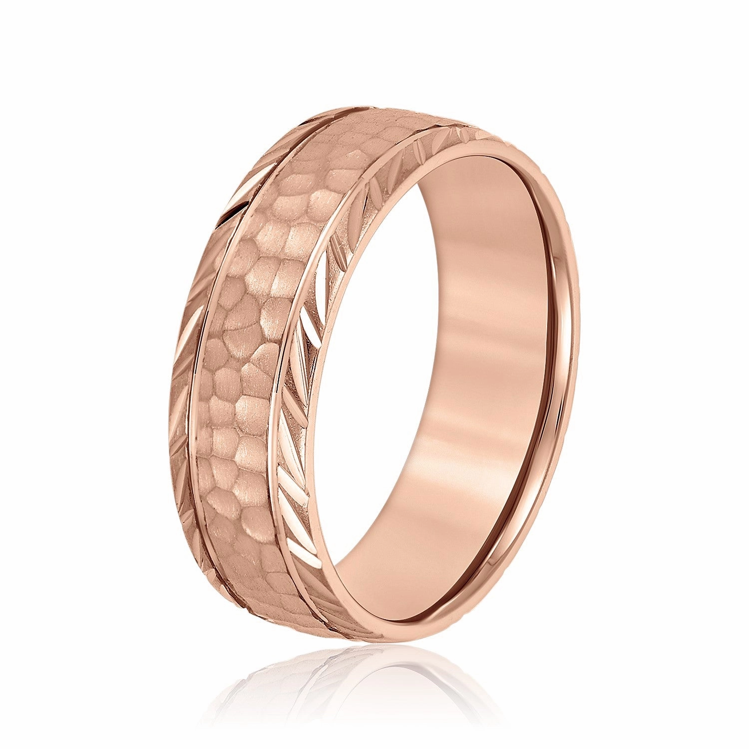 Mens Leaf Pattern Edged Hammered Center Wedding Band