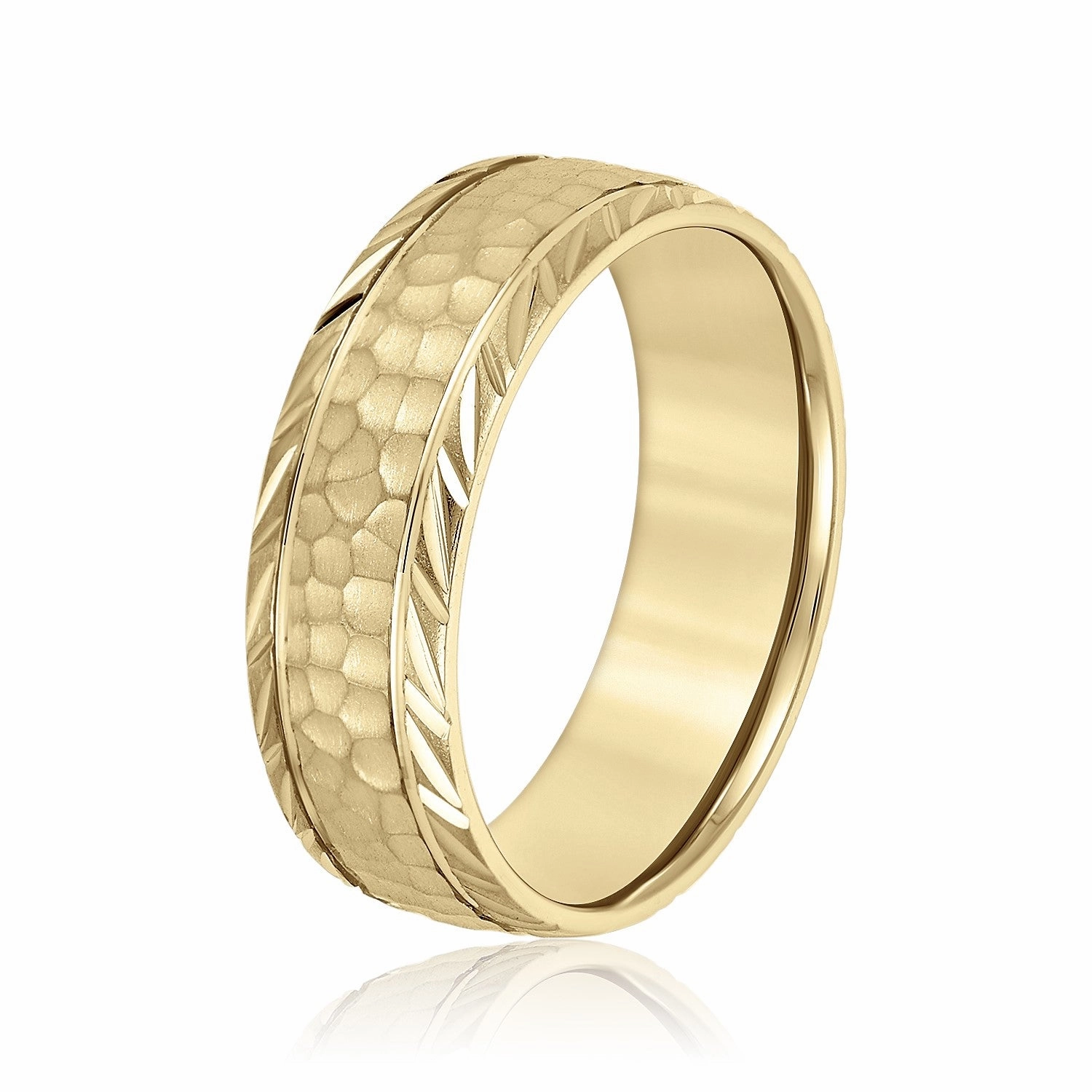 Mens Leaf Pattern Edged Hammered Center Wedding Band