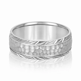 Mens Leaf Pattern Edged Hammered Center Wedding Band