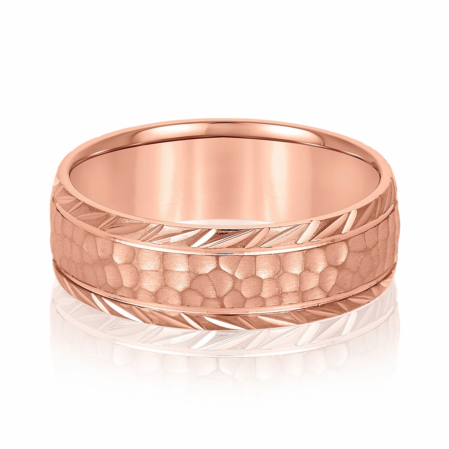 Mens Leaf Pattern Edged Hammered Center Wedding Band