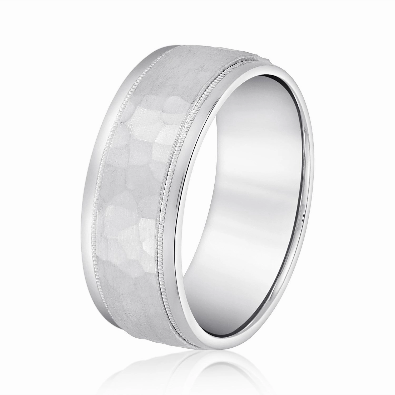 Mens Milgrain Edges Hammered Center Band
