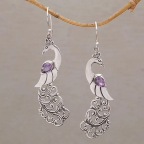 Merak Amethyst and Sterling Silver Peafowl Dangle Earrings