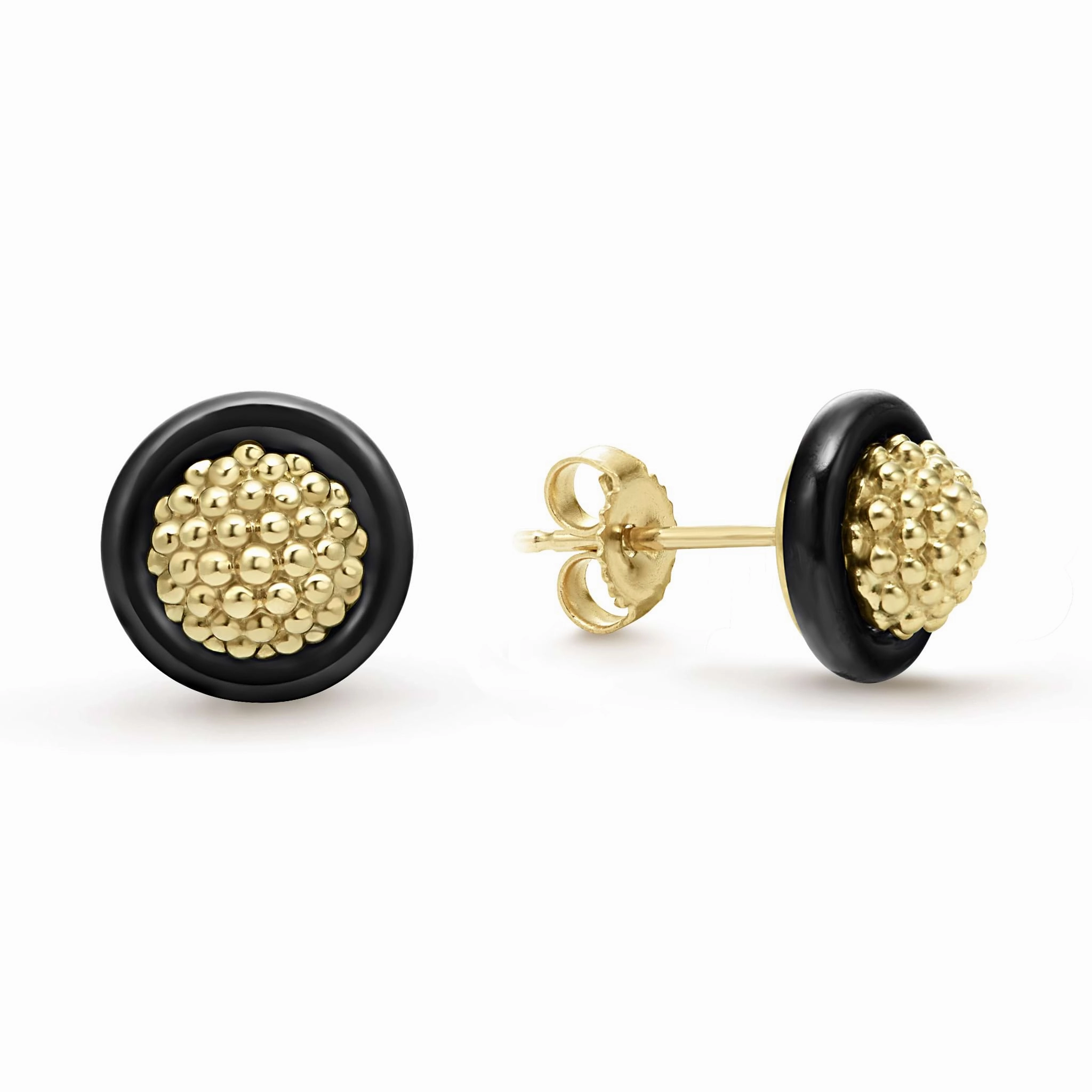 Meridian 18K Gold Caviar and Black Ceramic Stud Earrings