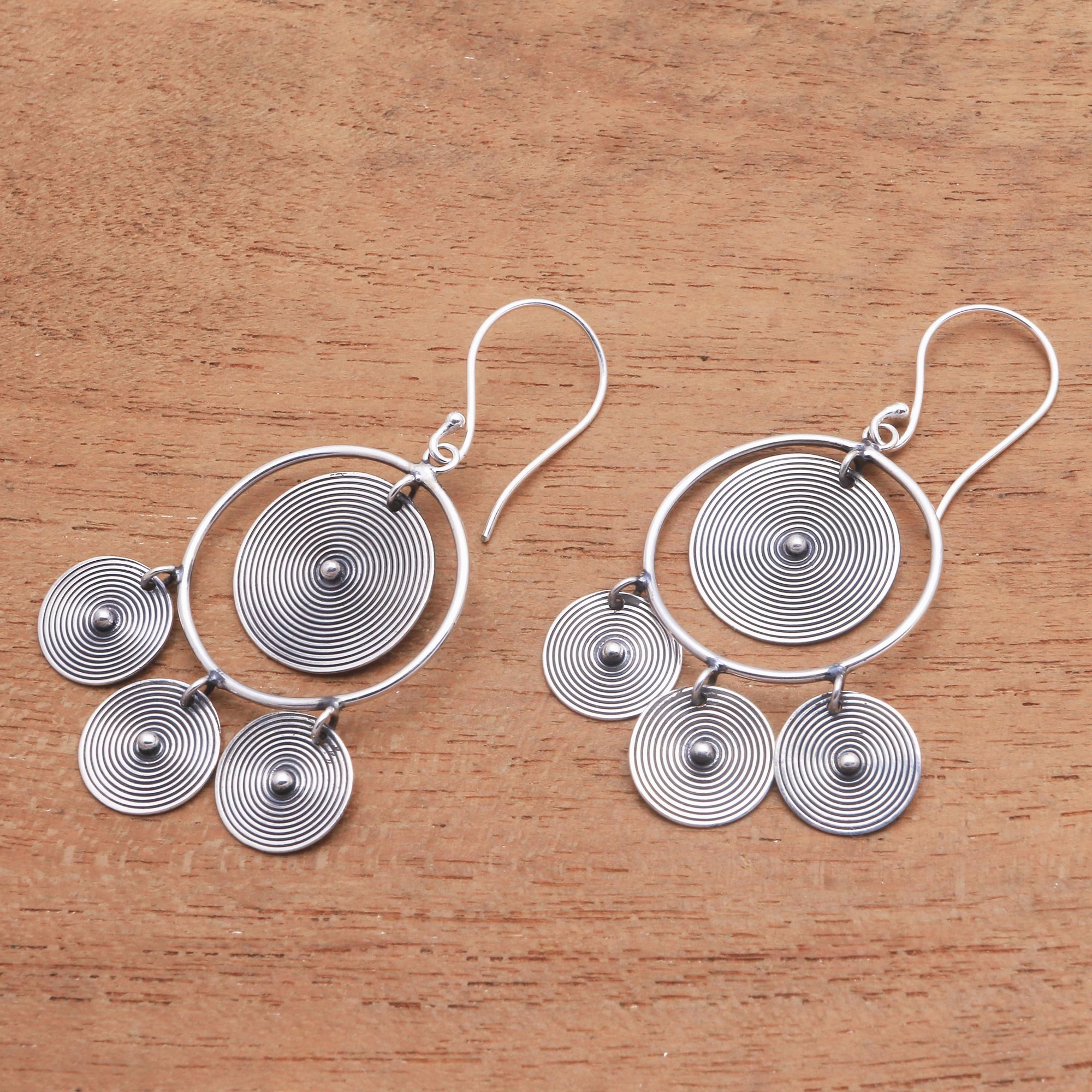 Mesmerizing Discs Circular Sterling Silver Chandelier Earrings from Bali