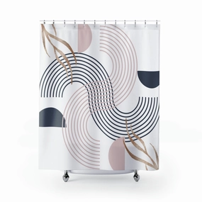 Mid Century Shower Curtain | Abstract Navy Blush Pink, White Geometric Lighting,Home Lighting