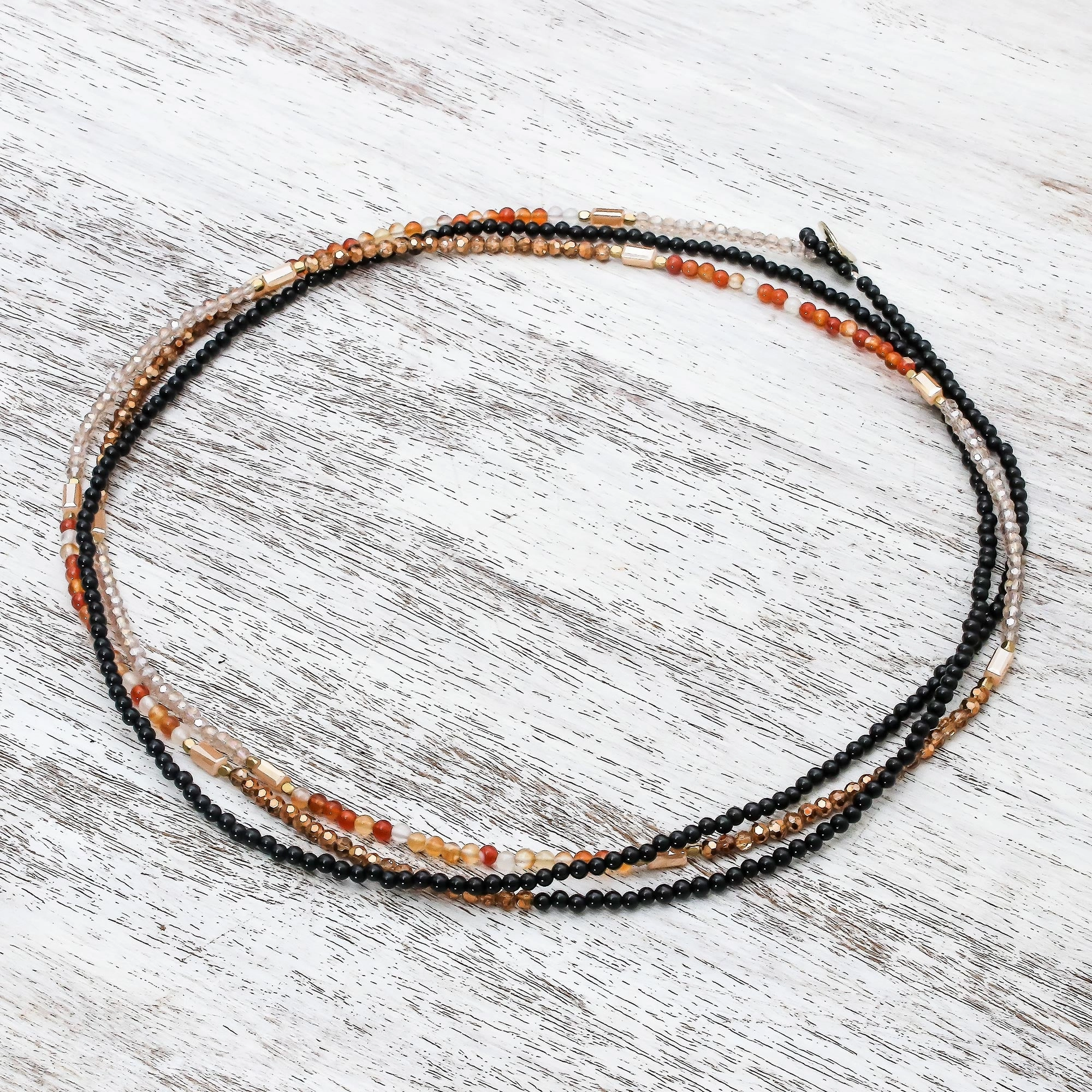 Midnight Love in Red-Orange Agate Long Beaded Strand Necklace in Red-Orange