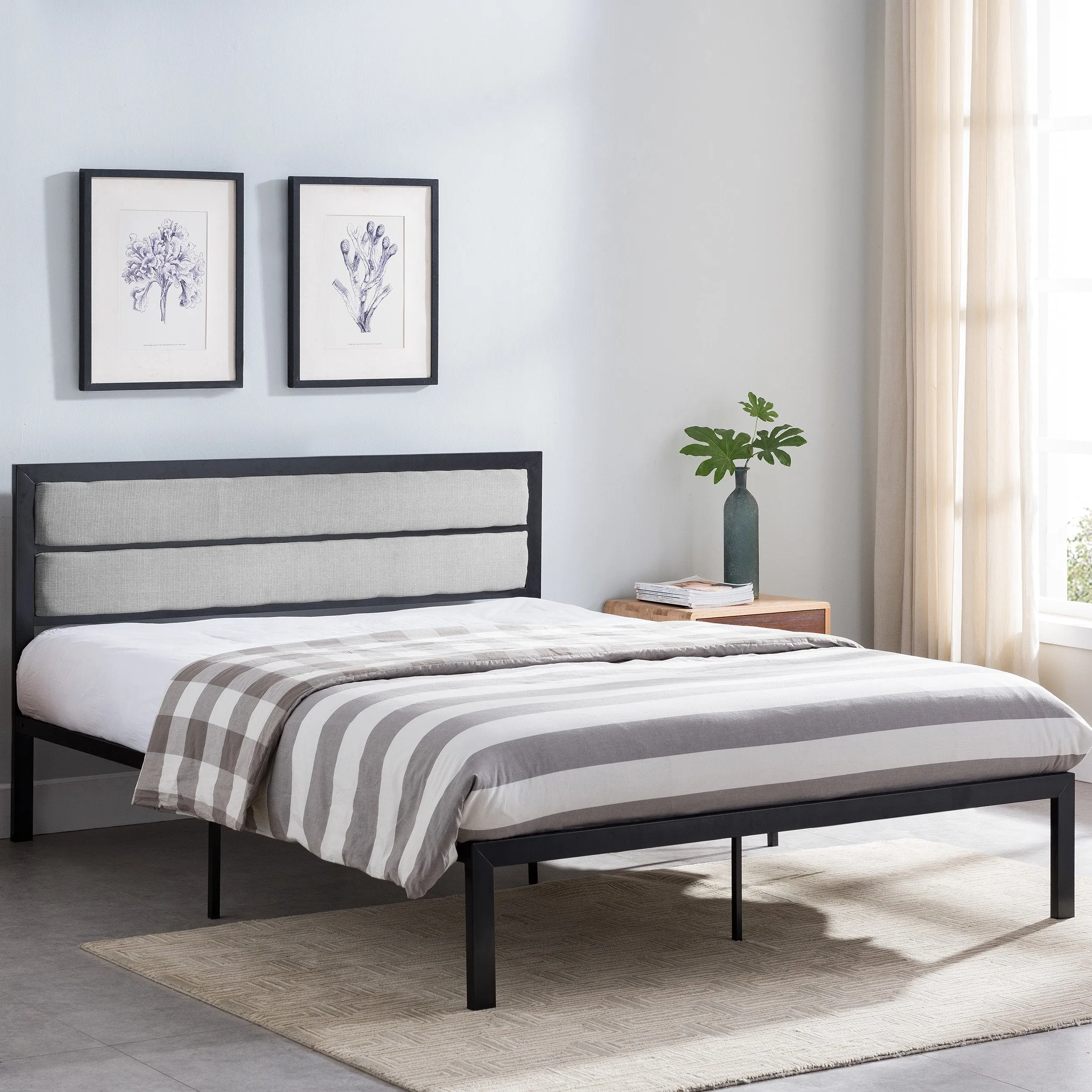 Minimalistic Modern Iron Queen Bed Frame with Fabric Upholstered Headboard - NH656603 throw blanket, decorative pillow