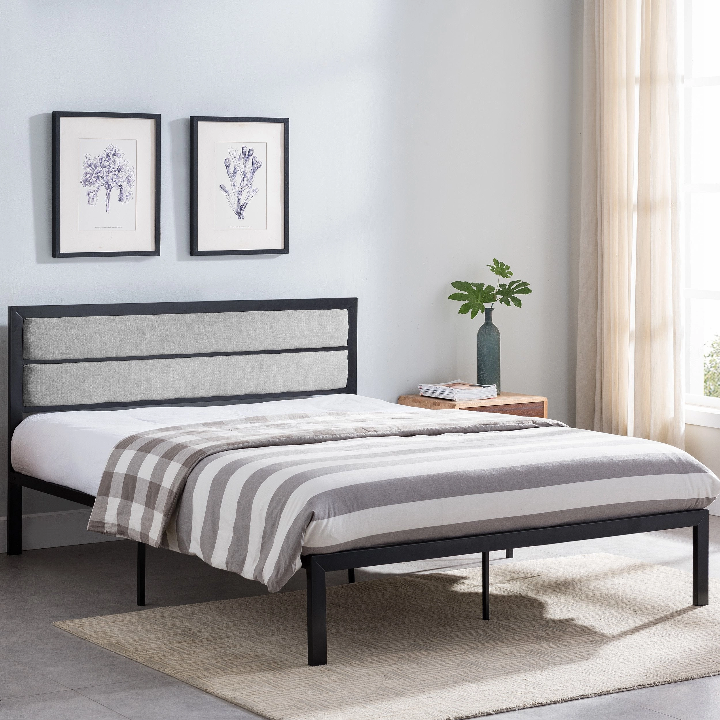 Minimalistic Modern Iron Queen Bed Frame with Fabric Upholstered Headboard - NH656603 throw blanket, decorative pillow