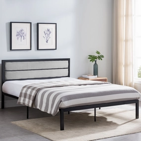 Minimalistic Modern Iron Queen Bed Frame with Fabric Upholstered Headboard - NH656603 throw blanket, decorative pillow