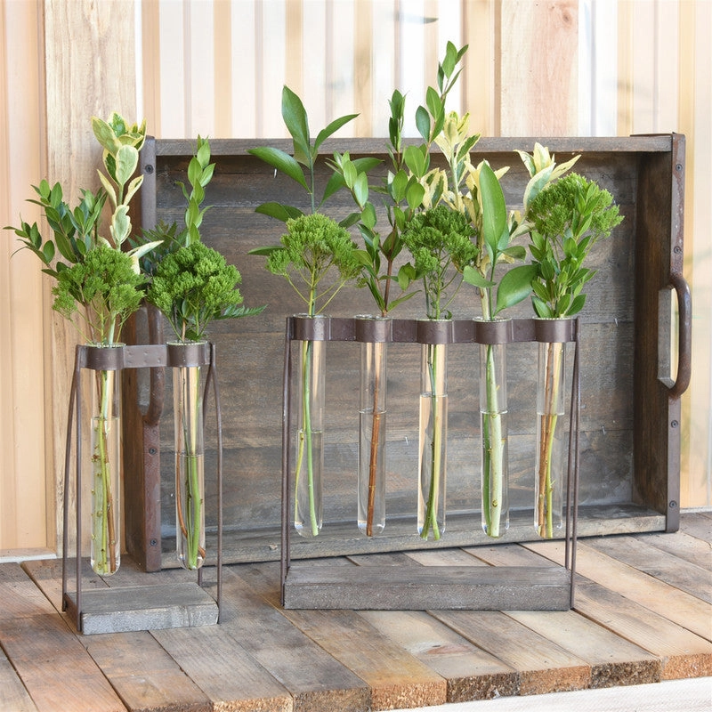 Mirabelle Double Tube Vase, Wood, Iron & Glass