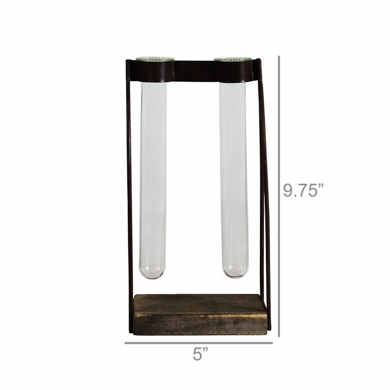 Mirabelle Double Tube Vase, Wood, Iron & Glass