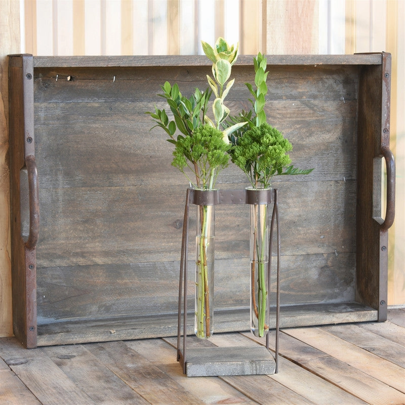 Mirabelle Double Tube Vase, Wood, Iron & Glass