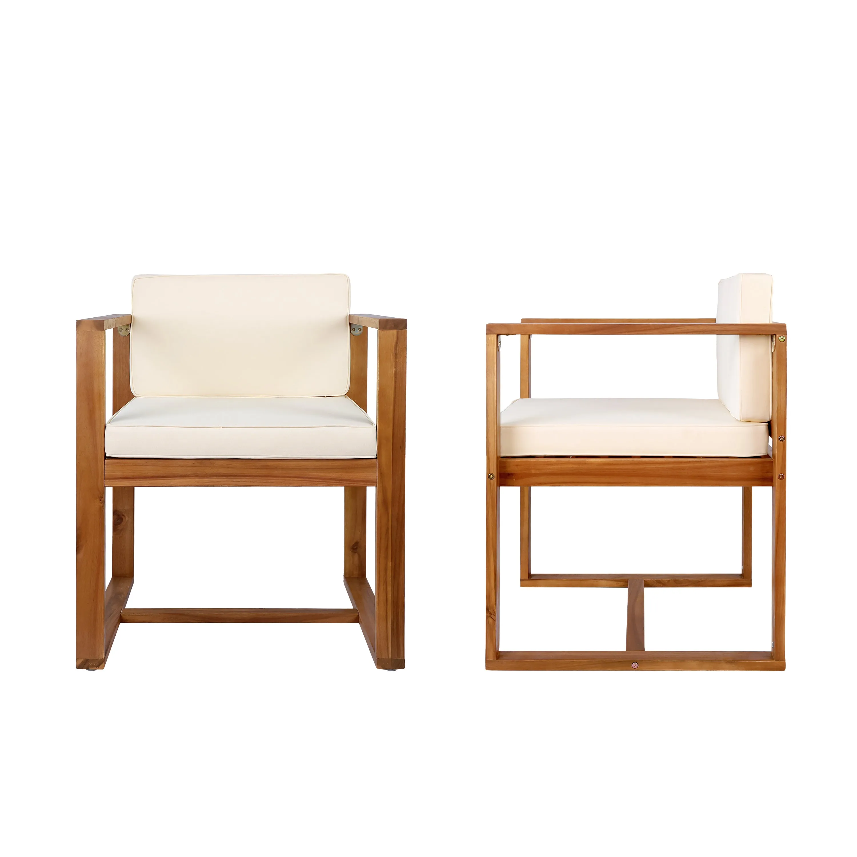 Modern Outdoor Patio Acacia Wood Dining Chairs with Cushions, Set of 2