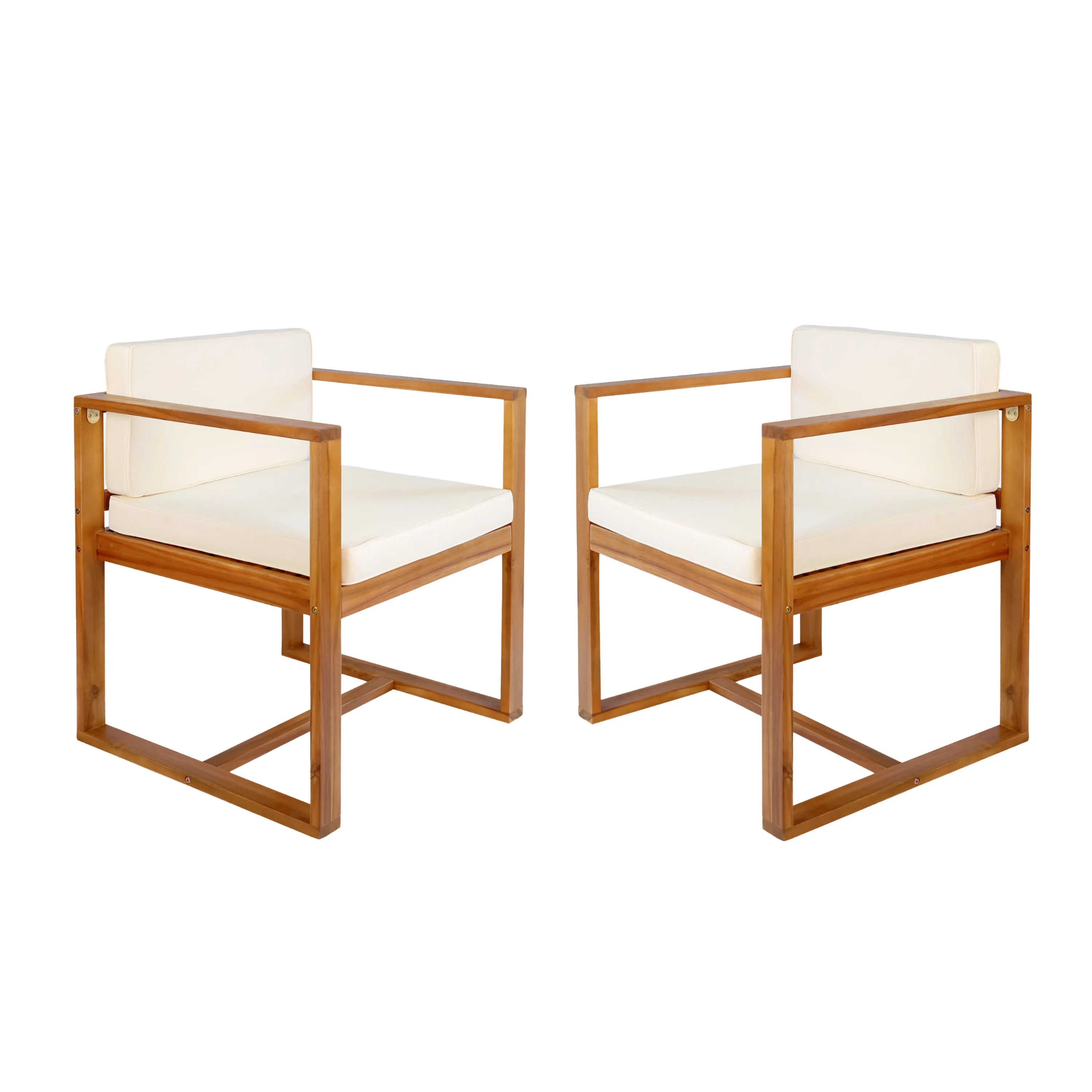 Modern Outdoor Patio Acacia Wood Dining Chairs with Cushions, Set of 2