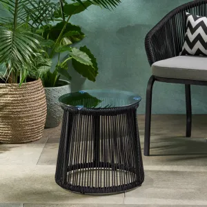 Modern Outdoor Rope Weave Side Table with Tempered Glass Top - NH912113 patio chairs, outdoor seating