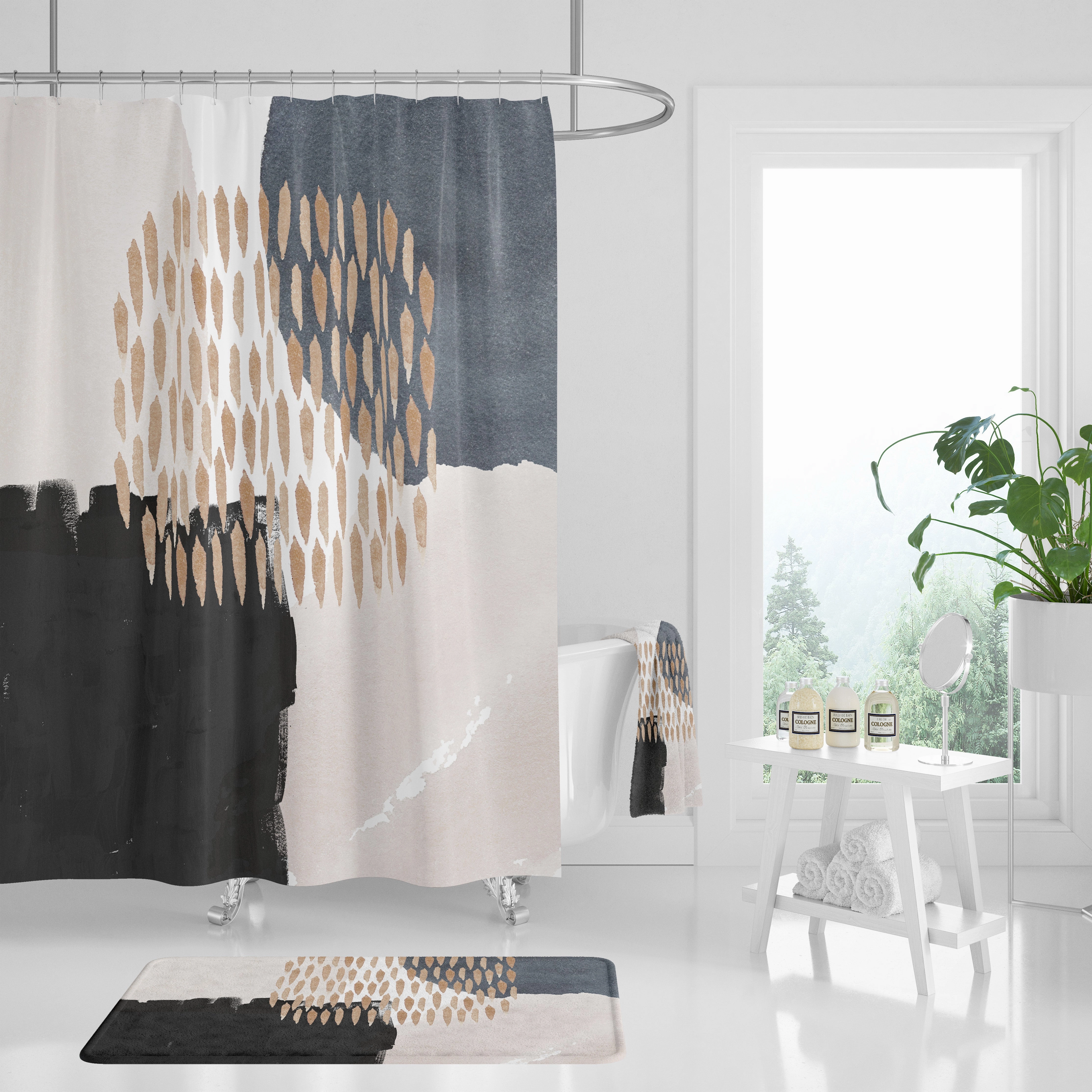 Modern Abstract Art Shower Curtain | Blush Beige, Black Grey Blue White